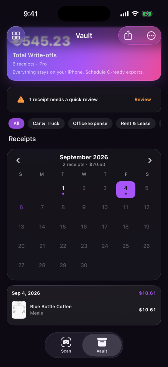 Calendar view for September with a selected day listing a Blue Bottle Coffee receipt