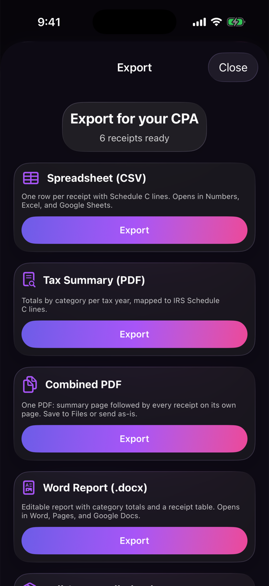 Export screen listing Spreadsheet CSV, Tax Summary PDF, Combined PDF, and Word Report options