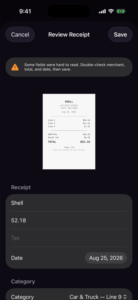 Review Receipt sheet showing the scanned receipt image above editable merchant, total, tax, and date fields