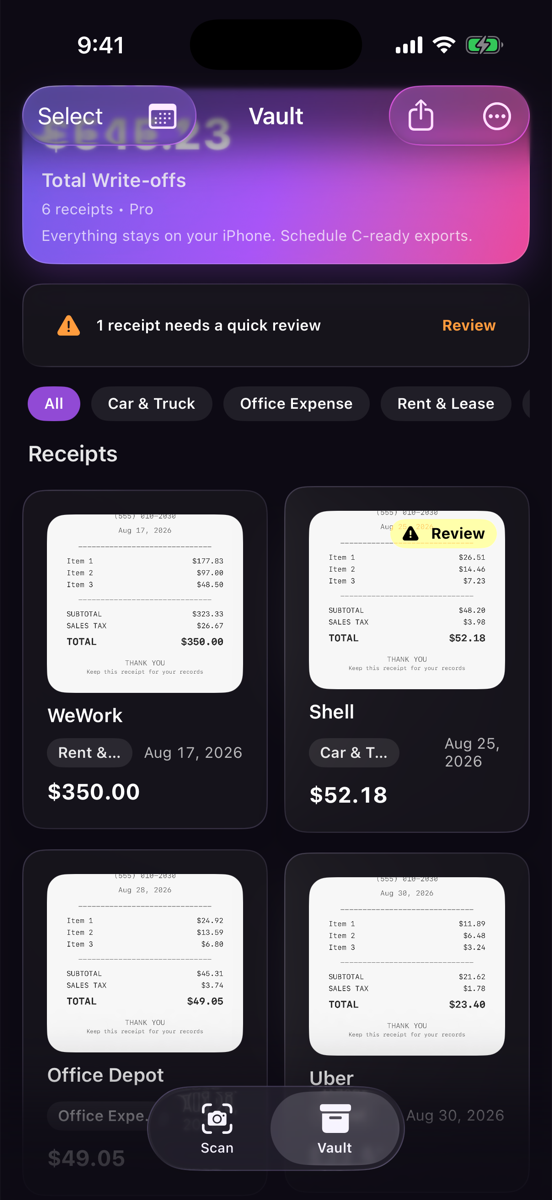 ScanDaddy Vault showing scanned receipts with merchant, category, date, and total