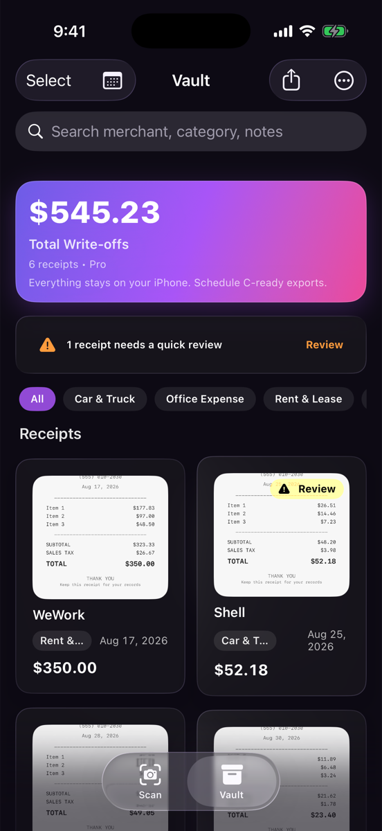 Vault with total write-offs, a review banner, category filters, and receipt cards